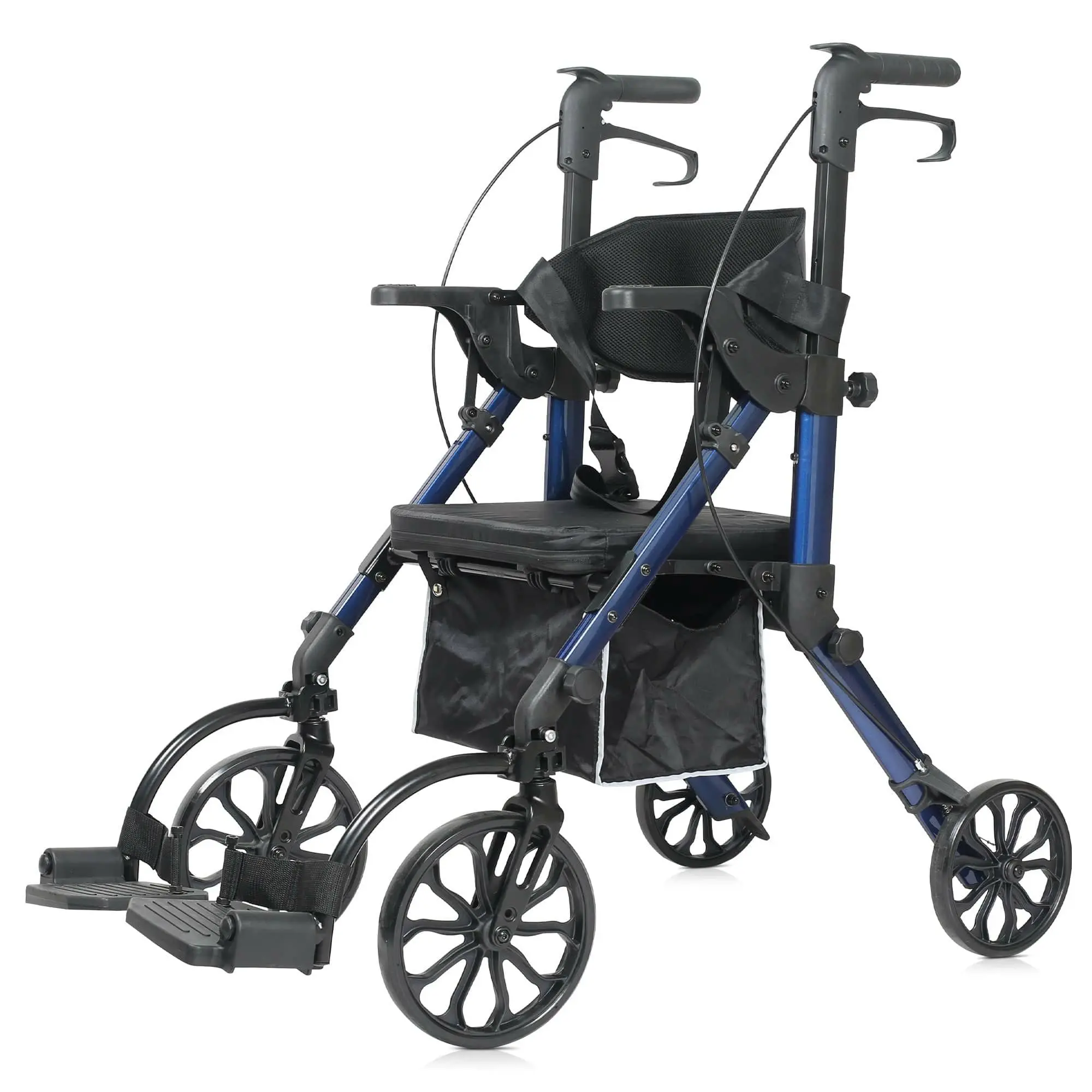 ELENKER 2-in-1 Sturdy Portable Upright Rollator Walker Wheelchair (Model KLD-9269, Blue) - 10" Front Wheels, 8" Rear Wheels, Backrest Seat, Padded Armrest, Anti-Slip Surface, Easy Storage, Safe and Comfortable Medical Mobility Aid for Seniors