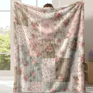 Vintage Pink Rose Patchwork Plush Blanket Soft Comfortable for Bed Sofa Camping All Seasons Use