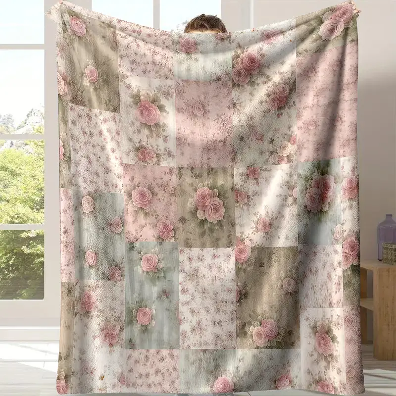 Vintage Pink Rose Patchwork Blanket Soft Comfortable for Bed Sofa Camping All Seasons Use