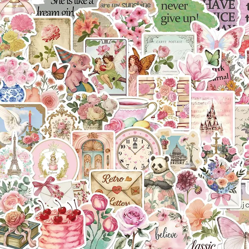 Vintage Pink Collage Doodles Sticker, 50pcs/set Creative Retro Pink Patchwork Graffiti Decorative Sticker, DIY Decals for Water Bottle, Laptop, Phone Case