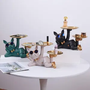 Tchaptchet Home French Bulldog Butler Statue, Double Gold-Plated Tray, Art Deco Style Decorative Organizer, Resin Construction with Sunglasses