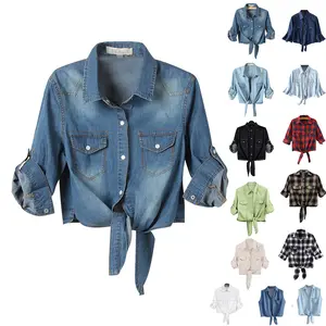 SCUSTY Women's  3/4 Sleeve Denim Tie Front Knot Shirt Chambray Denim Crop Top