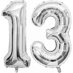 Silver 13 Number Balloons, 40 Inch Giant Number 13 Balloons Foil Mylar Helium Silver Number Balloons for 13th Birthday Party Supplies Anniversary Event Celebration Decorations