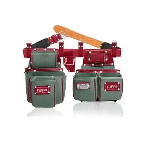 FUERI 19 Pocket Heavy Duty Green & Maroon Adjustable Padded Leather-Nylon Tool Belt