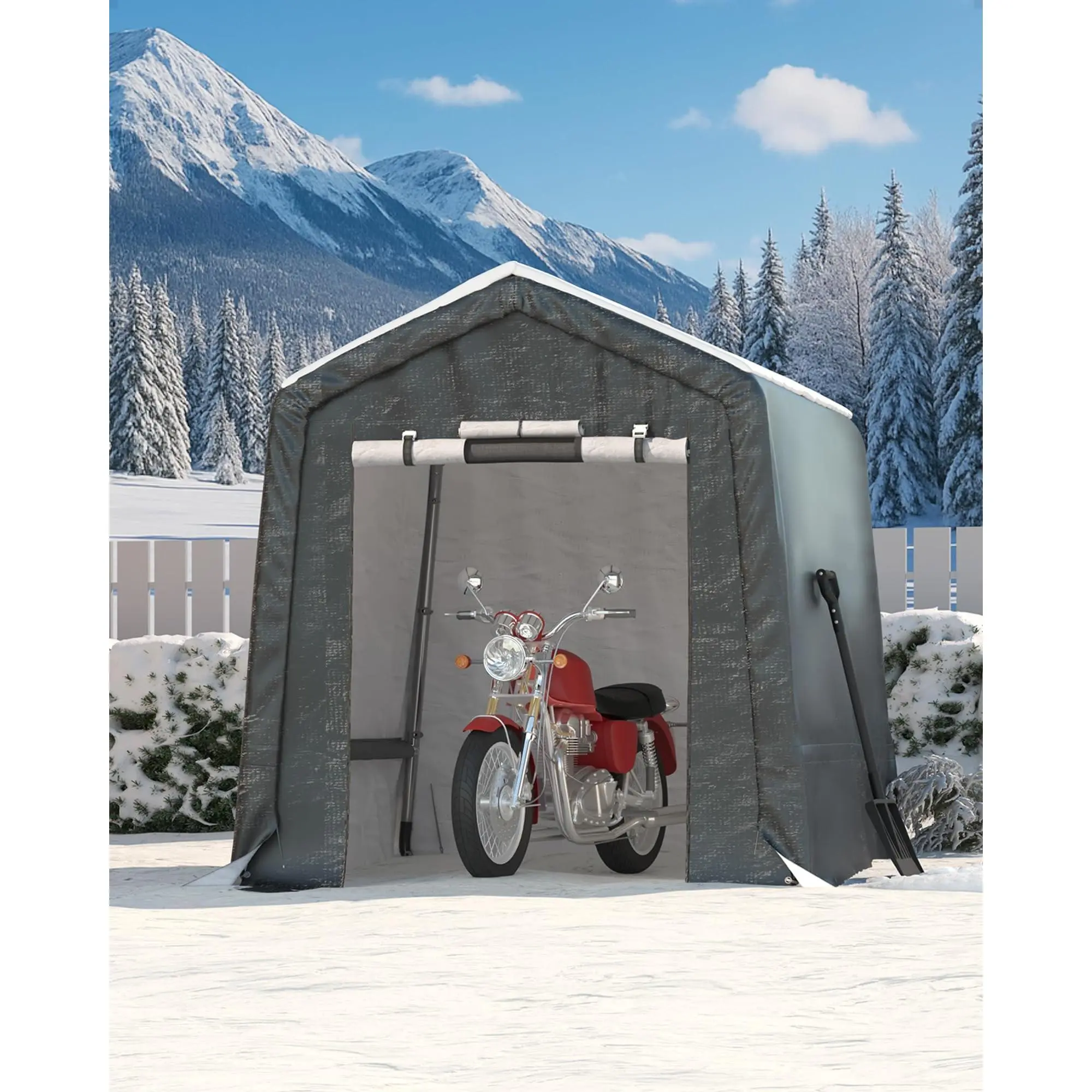 Garvee 6x6 ft Modern Outdoor Storage Shed, Galvanized Metal Frame with Steel Poles, Roll-Up Door, Enhanced Ventilation, Mesh Windows, 240G Heavy-Duty Waterproof PE Tarp, UV-Resistant Easy Setup Shelter (Gray, Khaki), Simple Assembly