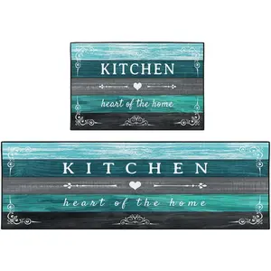 Farmhouse Turquoise Kitchen Rugs and Mats Non Skid Washable Set of 2, Teal Grey Wooden Texture Floor Mats,   Runner Rug, Rustic Kitchen Decor