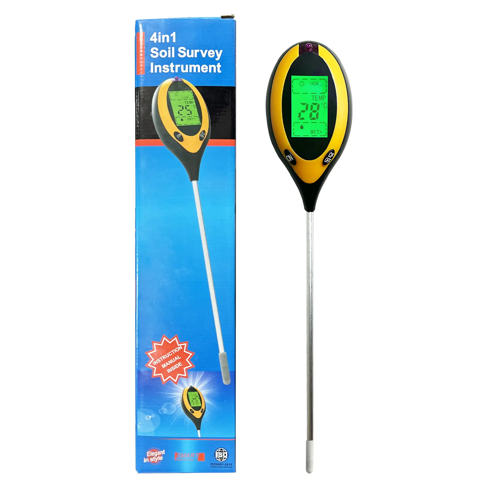 4-in-1 Long Probe Soil Tester - Digital Tester with Moisture, Temperature, PH, Sunlight Intensity Sensors, Backlit LCD Display for Indoor/Outdoor Gardening, Large Pot Plants, 4-In-1 Tester