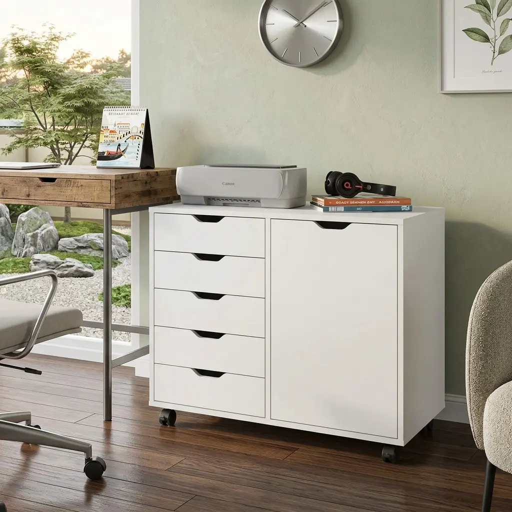 5 Drawer Mobile Storage Cabinet With Single Door,White Wooden Printer Stand Organizer With Brake Wheels,Multi-Functional Rolling Chest For Home Office Study Room Easy Assembly