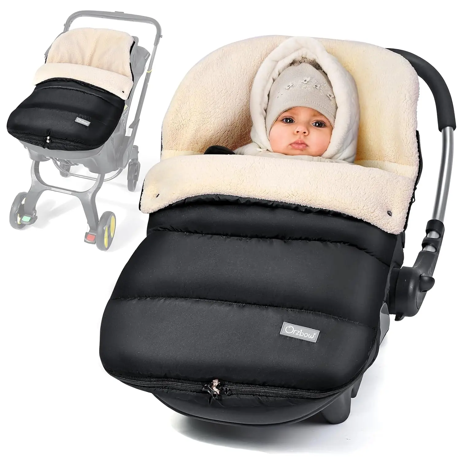 Winter Baby Car Seat Cover – Universal Stroller & Car Seat Footmuff, Adjustable Zipper, Removable Blanket, Warm Berber Fleece Cover for Newborns & Toddlers (Black)