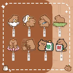 8-piece cartoon capybara badge reel, retractable, with rotating alligator clip, extendable badge clip, suitable for students, teachers, office workers (semi-transparent)