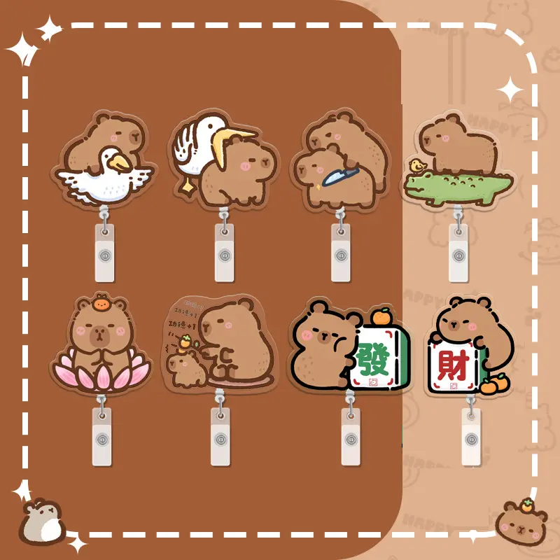 8-Piece Cute Cartoon Capybara Badge Reels - Retractable, 360-Degree Rotating Alligator Clip, Extendable, Semi-Transparent - Suitable for Office Workers, Students