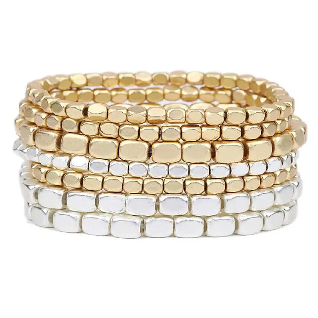 Women's 7-Piece Chunky Beads Stretch Bangles Set - Enamel-Coated Nugget Bracelets, Adjustable Size, Vibrant Enamel Shine, Jewelry Stack, Casual Female Wear, Gift-Ready Packaging, Dimensions-Friendly Costume Jewelry
