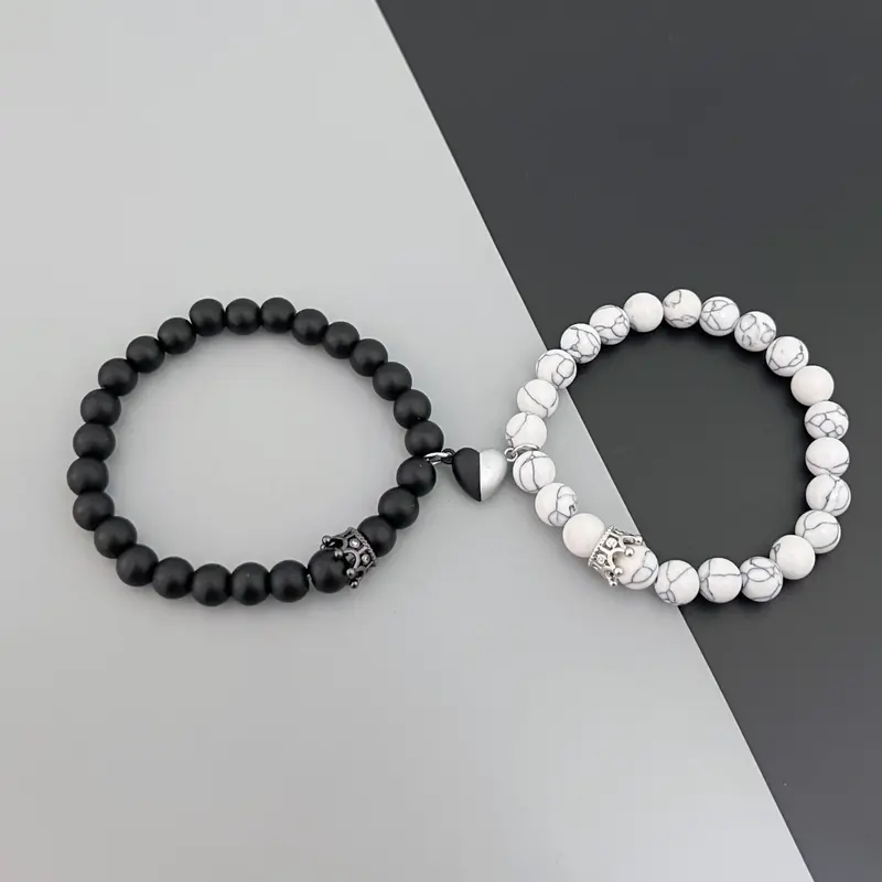 TMANI Couple-Themed Exquisite Trendy Bracelet & Bangle Set, King-Queen Crown His-and-Her Heart Matching Romantic Accessories, Cute Gifts for BF GF Anniversary Gifts for Him Long-Distance Fashion Costume Jewelry