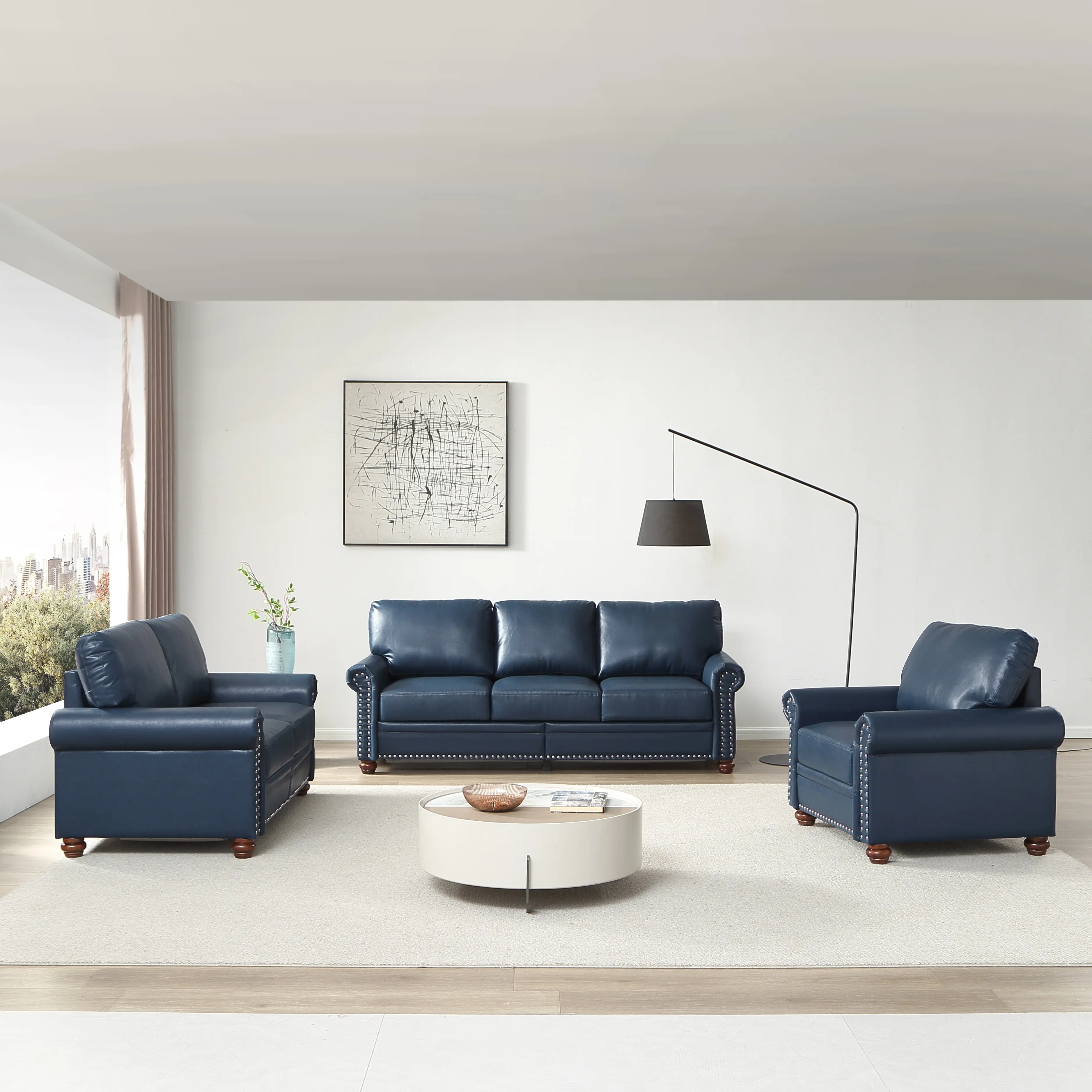 Faux Leather  Couch with Hidden Storage Under Seat, Nailhead Trim, Solid Wood Legs, Classical Sofa for Living Room, Office, Apartment