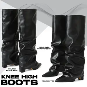 Fold Over Boots for Women Knee High Boots Block High Heel Almond Pointed Toe Boots Pull-on Wide Calf Summer Boots For Women VIMI VIMI SHOES