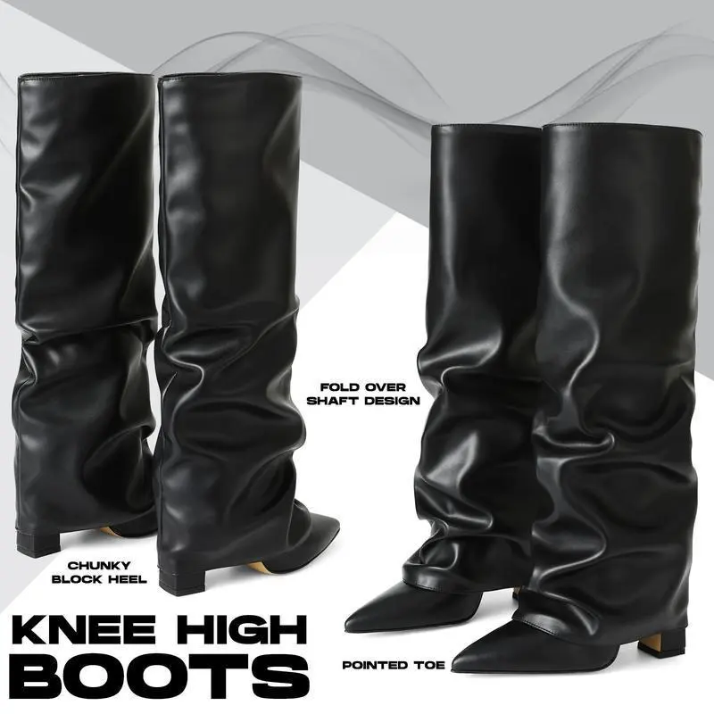 Fold Over Boots For Women Knee High Boot Pointed Toe Chunky Block High Heel Pull On Shark Boots Fashion Date Dress Nightclubs Party Wedding Tall Long Slouchy Boots