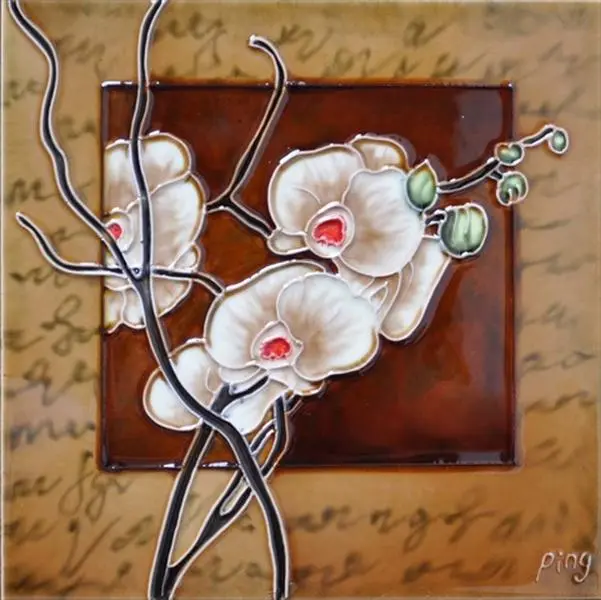 Continental Art Center BD-0378 8x8 in. Hand-Painted White Orchid Floral Ceramic Decorative Tile - Light Brown Framed for Wall Decoration, Backsplash Use