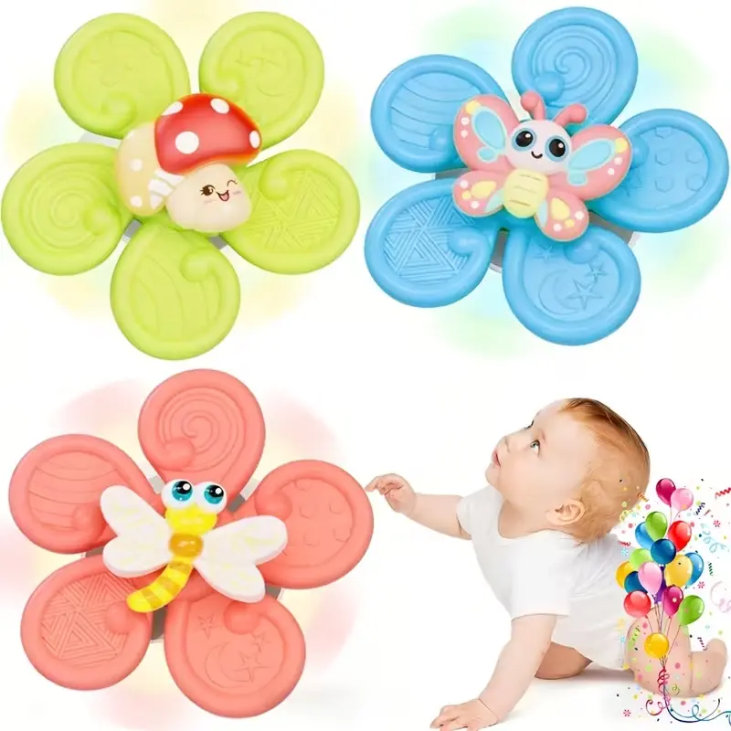 3pcs Cartoon Animal Suction Cup Spinning Tops, Rotating Tactile Toys for 1-Year-Olds, Suitable for Tabletops Glass Tile Walls, Airplane Travel Gift, Colorful Cute Pattern Classic Novelty Toy