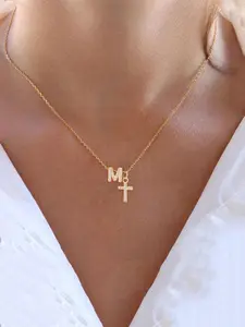 Rhinestone Letter & Cross Pendant Necklace, Stainless Steel Chain Necklace for Women for Gift, Fashion All-match Accessories for Daily Wear, Dainty Cross Necklace