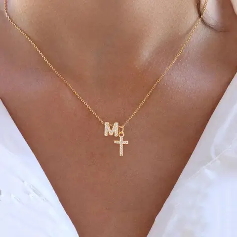 Rhinestone Letter & Cross Pendant Necklace, Stainless Steel Chain Necklace for Women for Gift, Fashion All-match Accessories for Daily Wear, Dainty Cross Necklace, Trendy Jewelry, Cross Design Necklace, Dainty Necklaces
