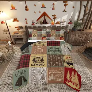 Retro Camper Quilt Set,Happy Camping Bedding Set,Rv Camping Accessories Comforter Set for Travel Trailers Campers