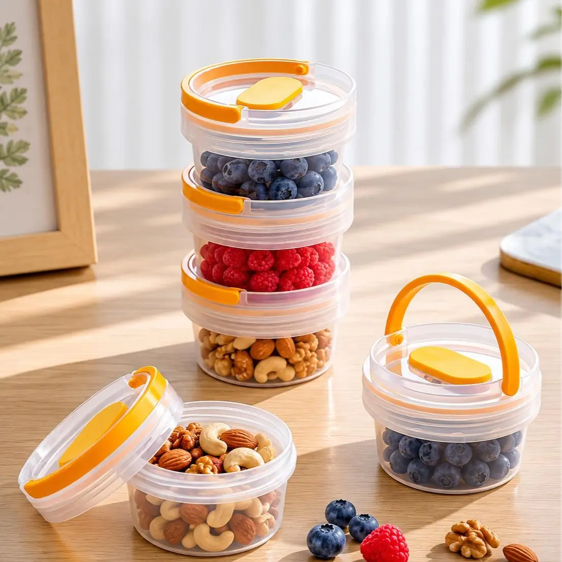 2-Pack Compact Round Snack Containers with Handle - Stackable 65 ml Home Organizers with Freshness Seal, Reusable Storage Bottles for On-The-Go Blueberries, Nuts