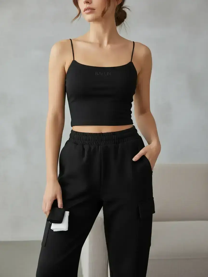 Women's Spring Summer Knitted Design Minimalist Plain Basic Sleeveless Crop Spaghetti Strap Camisole Top & Long Sweatpants Set Outfit, Womenswear, Casual Slim-Fitting Sweatsuit for Daily Commute Clothes