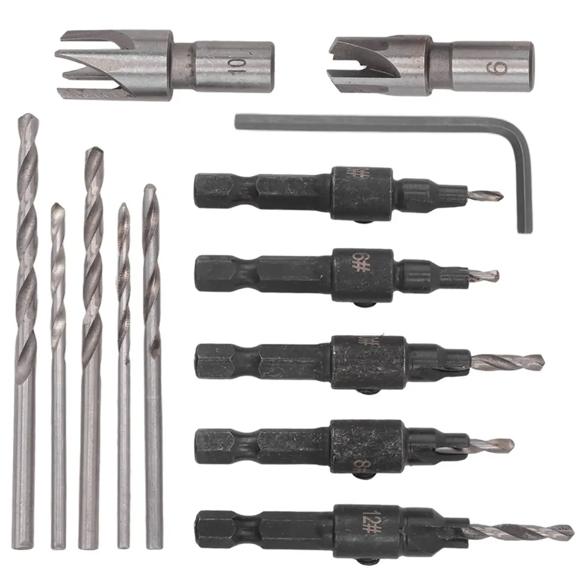 Countersink Drill Bit Set for Wood, 5 Piece Plug Cutters with 1/4" Hex Shank, Adjustable Counter Sink Drill Bits #5 #6 #8 #10 #12