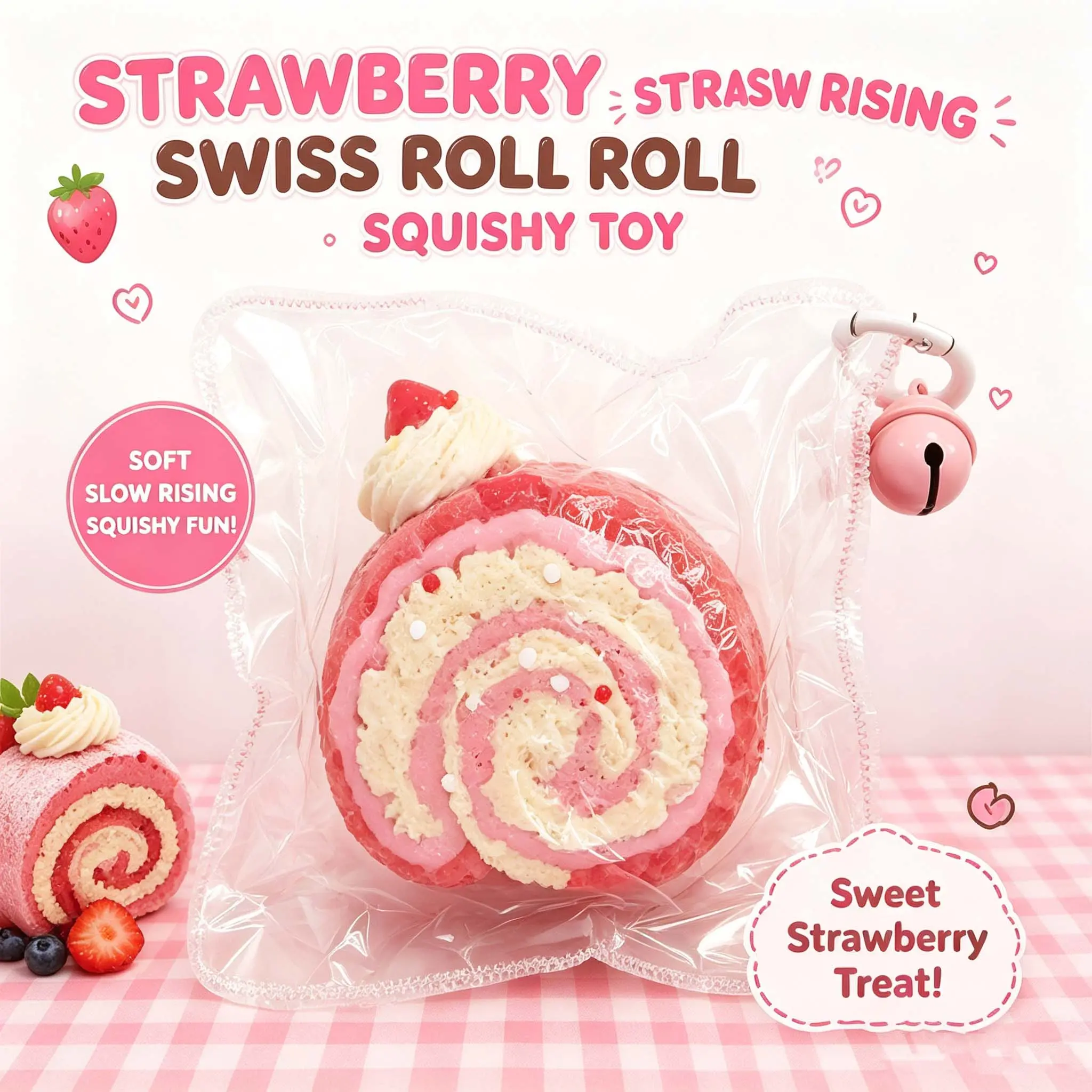 Strawberry Swiss Roll Squishy Toy, Cute Kawaii Dessert Fidget Toy, Soft Slow Rising Stress Relief Squishy, Fun Gift for Kids & Adults
