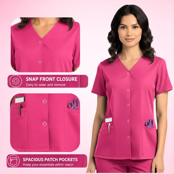 HEEDFIT Women’s Soft Polyester-Cotton Basic Snap-Front V-Neck Scrub Top, 3-Pocket Short-Sleeve Everyday Medical Nurse Workwear Uniform Shirt