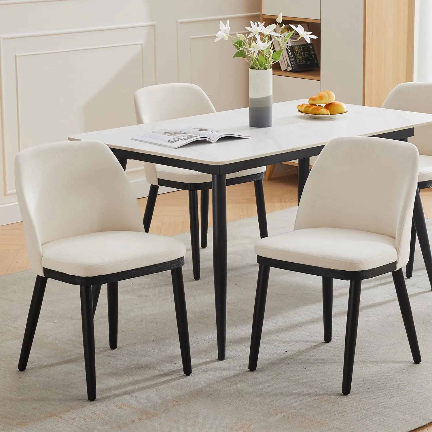Garvee 2-piece dining chair set made of linen, Scandinavian kitchen chair with padded seat & wooden legs, armless dining chair for dining room, kitchen, living room (77 x 51 x 48 cm, beige)