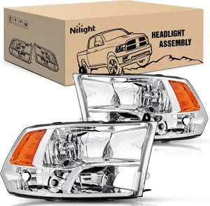 Nilight Headlight Assembly 2009 2010 2011 2012 2013 2014 2015 2016 2017 2018 Ram 1500 2500 3500 Pickup Quad Headlamp Assembly Replacement Chrome Housing Amber Corner Clear Lens,(Only for Quad Models)