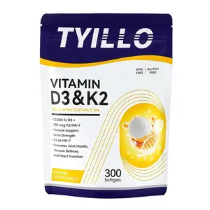 Tyillo Vitamin D3 K2 MK-7 Softgels with Coconut Oil - 10,000 IU D3, 200 mcg K2, Immune Joint Heart Health Support, 300 Capsules Value Pack Daily Dietary Supplement