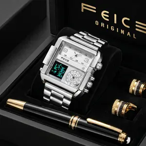 FEICE Men's Quartz Digital Watch - Square Luminous Large Dial, Waterproof, Dual Display, Metal Strap, Multifunctional Luxury Fashion Watch for Business & Casual Use, Watches