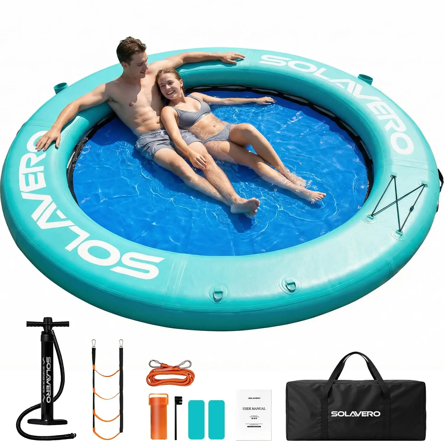 8FT Round Floating Ring Inflatable Water Hammock, Hammock Tanning Pool with Cupholder, Heavy Duty Pool Float Raft for Ocean and Lake, Inflatable Dock Floating Platform for Parties