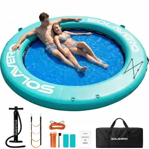 8FT Round Floating Ring Inflatable Water Hammock, Hammock Tanning Pool with Cupholder, Heavy Duty Pool Float Raft for Ocean and Lake, Inflatable Dock Floating Platform for Parties summerwins