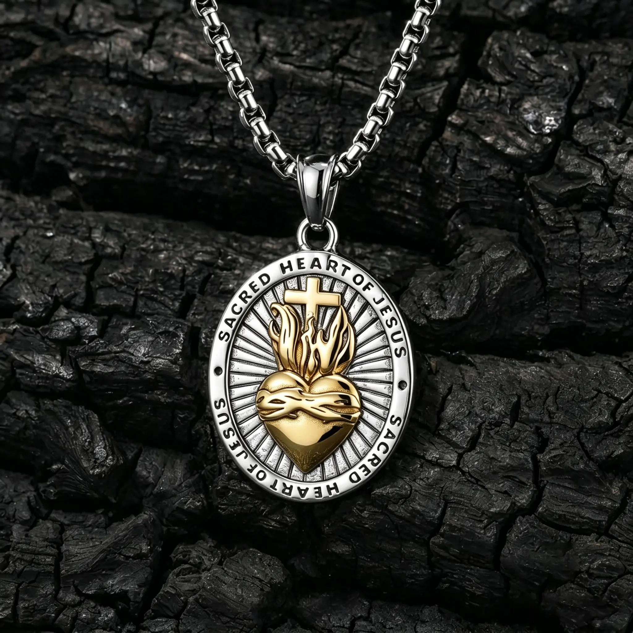 Sacred Heart of Jesus Necklace - 1.77x1.26in Oval Stainless Steel Religious Medallion with Cross, Spiritual Jewelry, Jesus Design Necklaces, Male Christian Amulet, Smoked Black High-Grade Durable Pendant, Meaningful Gift for Baptism, Thanksgiving