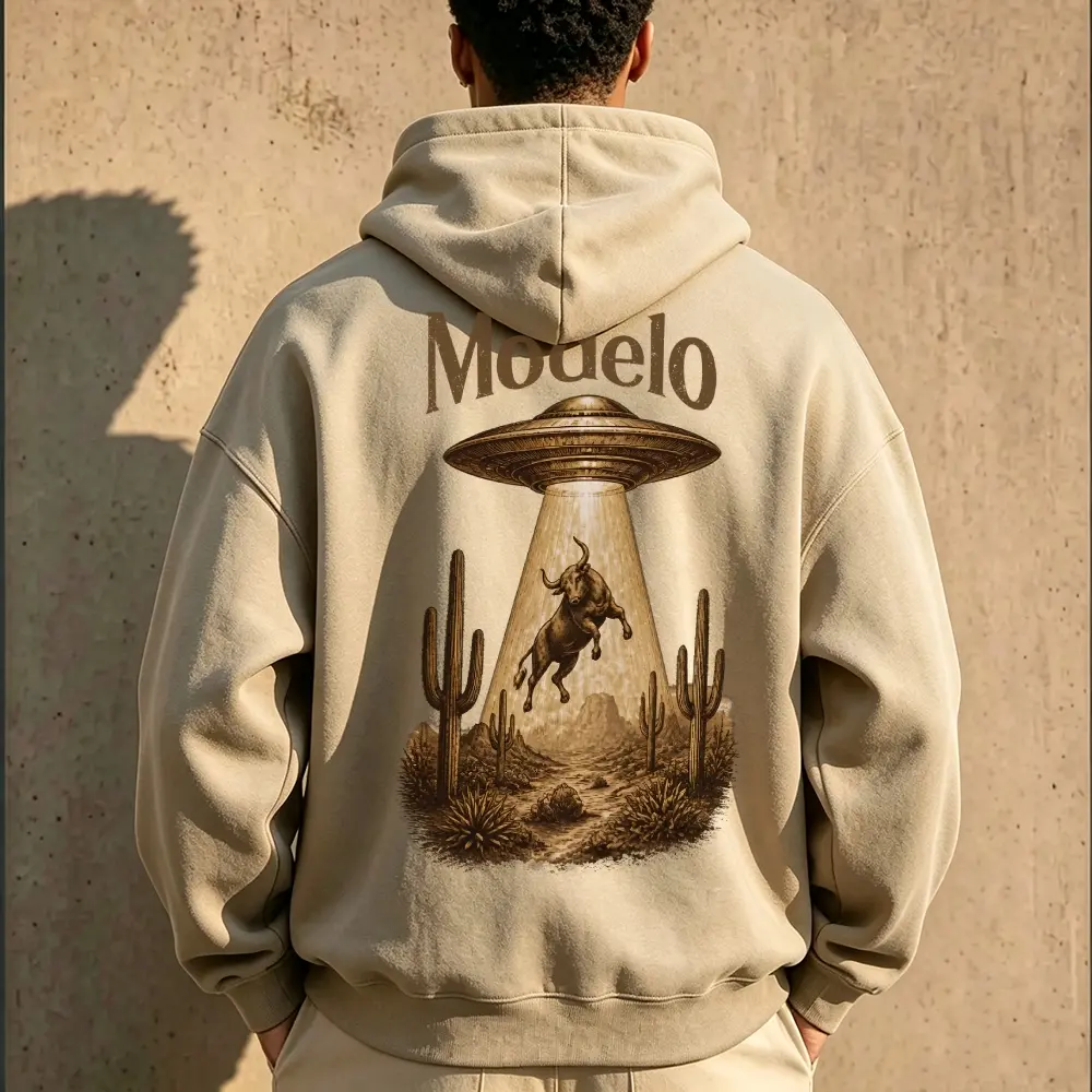 Alien UFO Abducting Bull Graphic Hoodie | Retro Desert Cactus Graphic Sweatshirt | Vintage Aesthetic Streetwear Hooded Top | Trendy Pullover Unisex