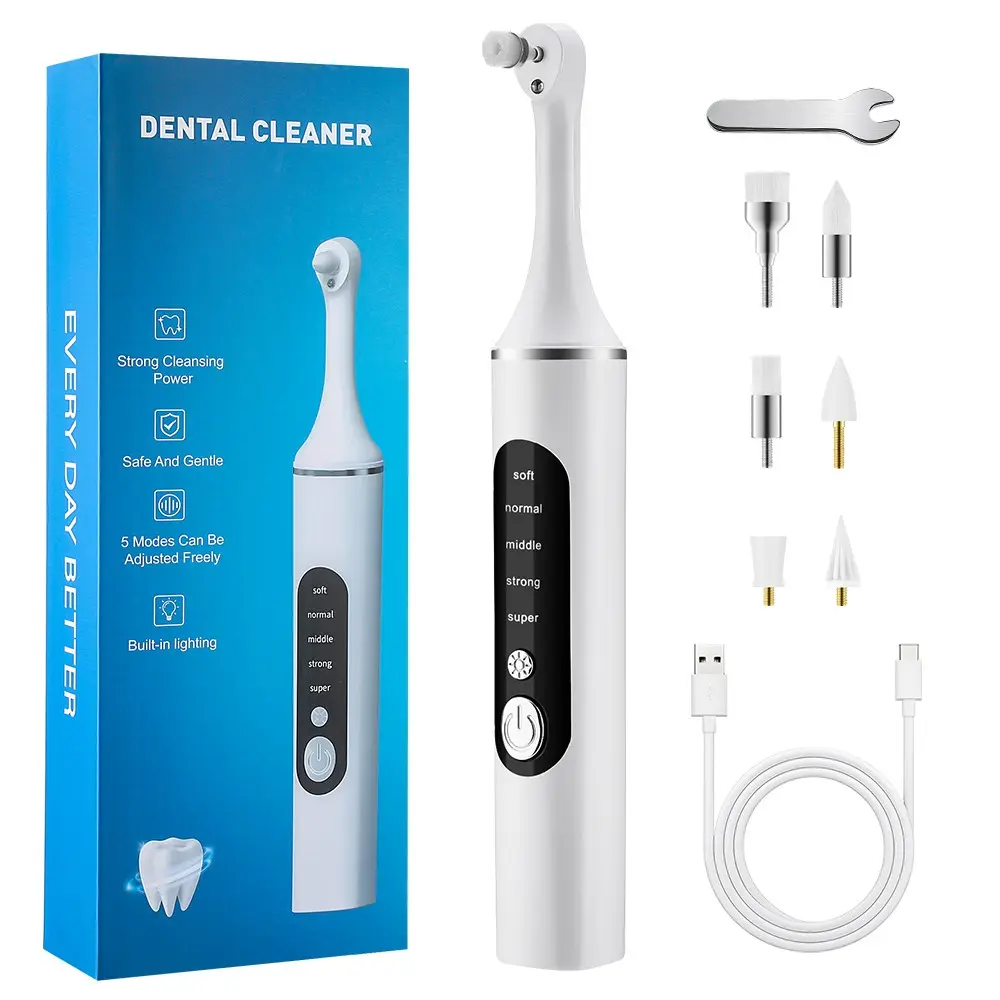 Electric Tooth Polisher Kit, 5 Modes Teeth Cleaner with 6 Brush Heads & LED Light, Waterproof Rechargeable Daily Oral Care Tool