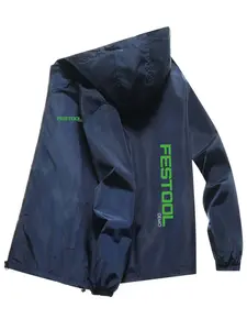Men's Fashionable Festool Letter Print Jacket, Casual Zip Pocket Design, Hooded Polyester Coat, Spring & Fall Wear, Men's Outerwear