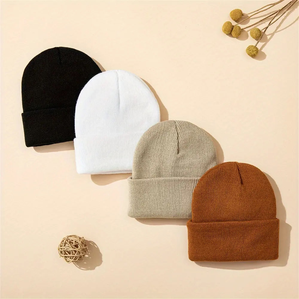 3/4pcs Knit Cuffed Beanies For Boys And Girls, Winter Warm Knitted Beanie Hats For Skiing