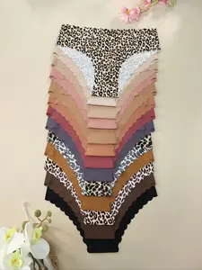 13-Pack Seamless Ice Silk Women's Thongs, High Stretch Breathable Wave Edge, Leopard Print Mixed Colors, No Panty Lines, Underwear