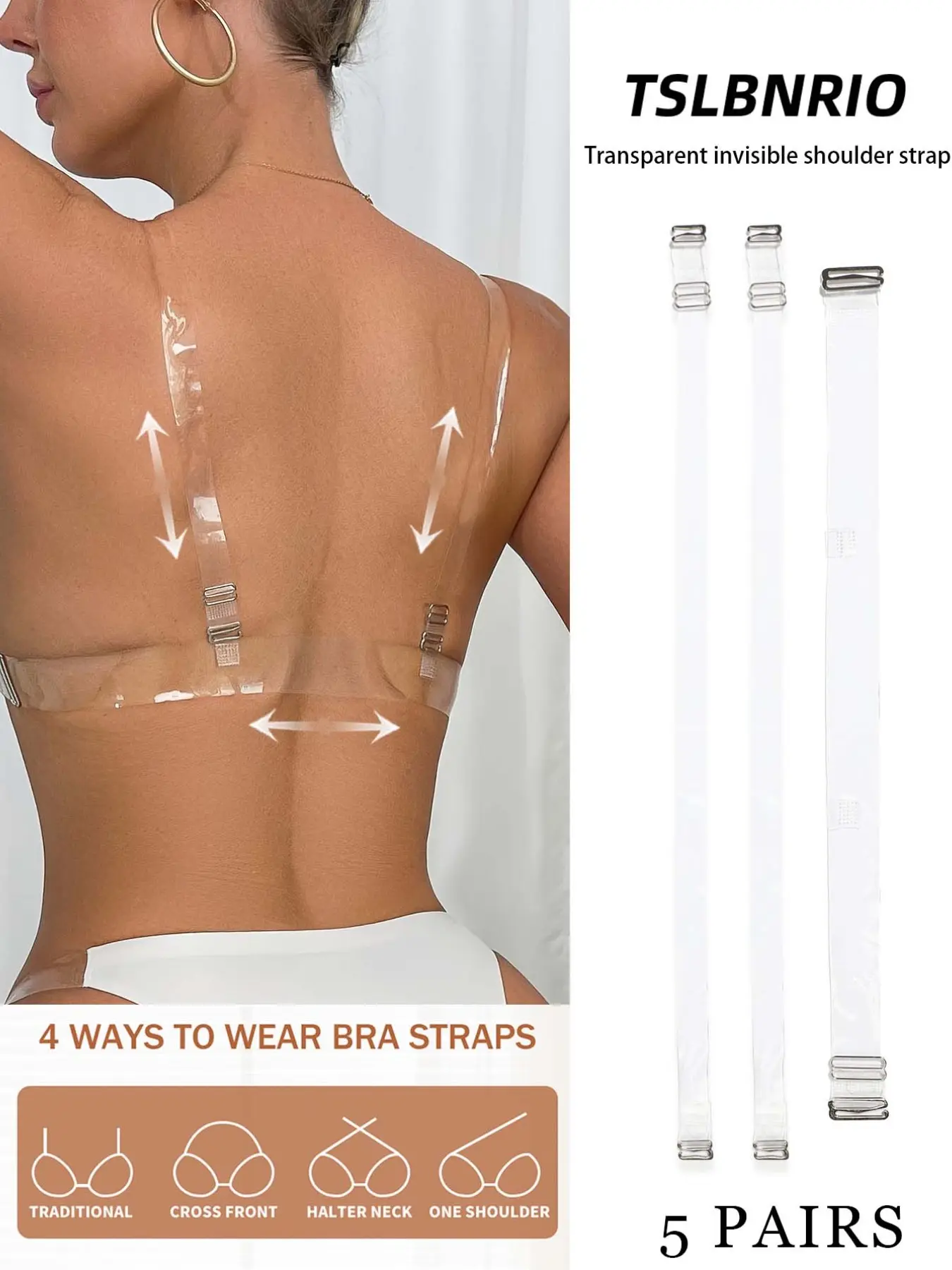 5 Pairs Adjustable Transparent Invisible Bra Straps Accessories, Bra Accessory with Metal Hooks, Buckle, 4 Wear Modes, Halter Strap for Strapless Dresses, Durable Replacement for Wedding and Daily