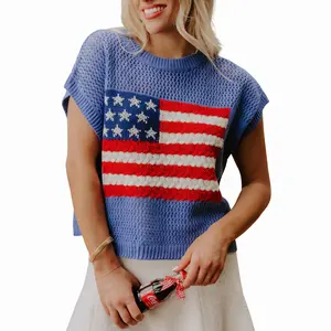 Women's American Flag Sweater Short Sleeve Crewneck Open Knit Pullover Patriotic Tops for 4th of July