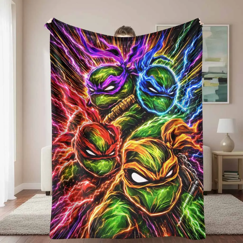 Neon Ninja Turtles Flannel Blanket Vibrant Action Graphic Print Super Soft Lightweight Warm Texture Perfect For Bedroom Living Room Movie Night Couch Throw Or Unique Birthday Gift