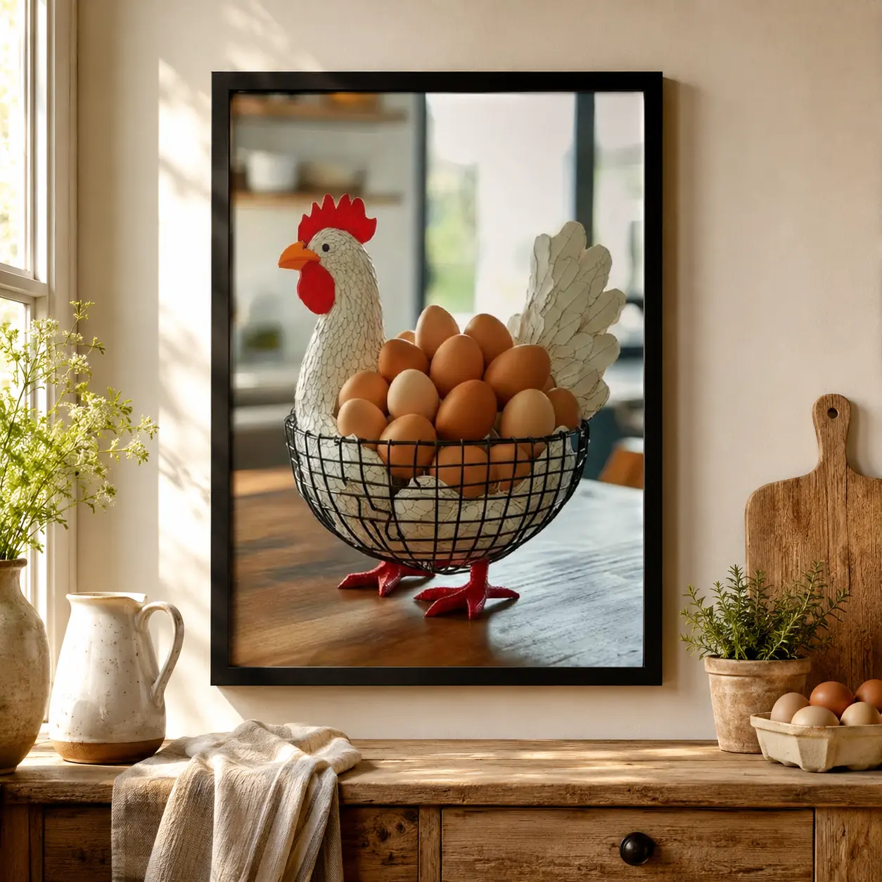 Charming Rooster and Egg Basket Canvas Wall Art withRustic Farmhouse Decoration for Kitchen, Living Room, or Office - Perfect Easter, Mother's Day, or Birthday Gift, Kitchen Wall Art Rustic Canvas Art  Cute Rooster Pattern,Funky Home Decor