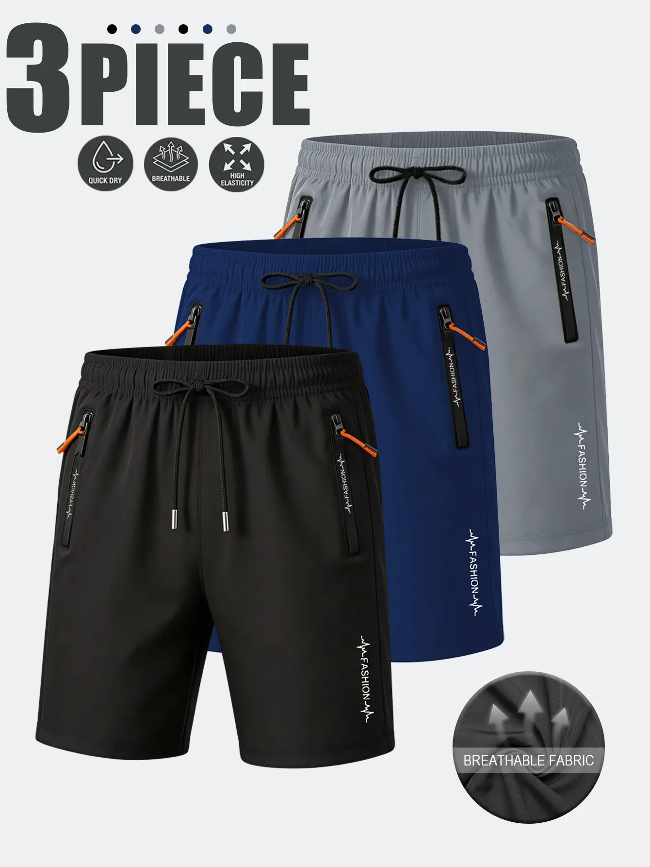 Men’s plus-size shorts, set of 3, featuring zippers and letter print designs; casual, fashionable athletic shorts suitable for leisure outings and outdoor sports. tiktokshopbacktoschool