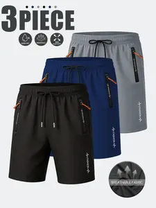 Men’s plus-size shorts, set of 3, featuring zippers and letter print designs; casual, fashionable athletic shorts suitable for leisure outings and outdoor sports. summerwins