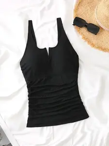 Plus Size Solid Ruched Tankini Top - Summer Beach Swimwear Essential