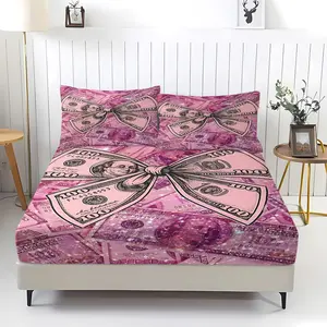 3Pcs Luxury Elegant Dollar Bill Bow Fitted Sheet Set, Glittery Pink and Purple Currency Design, Opulent and Whimsical Bedding Set for a Glamorous Bedroom Experience, Perfect for Gift Giving,Includes 2 pillowcases (pillow inserts not included).